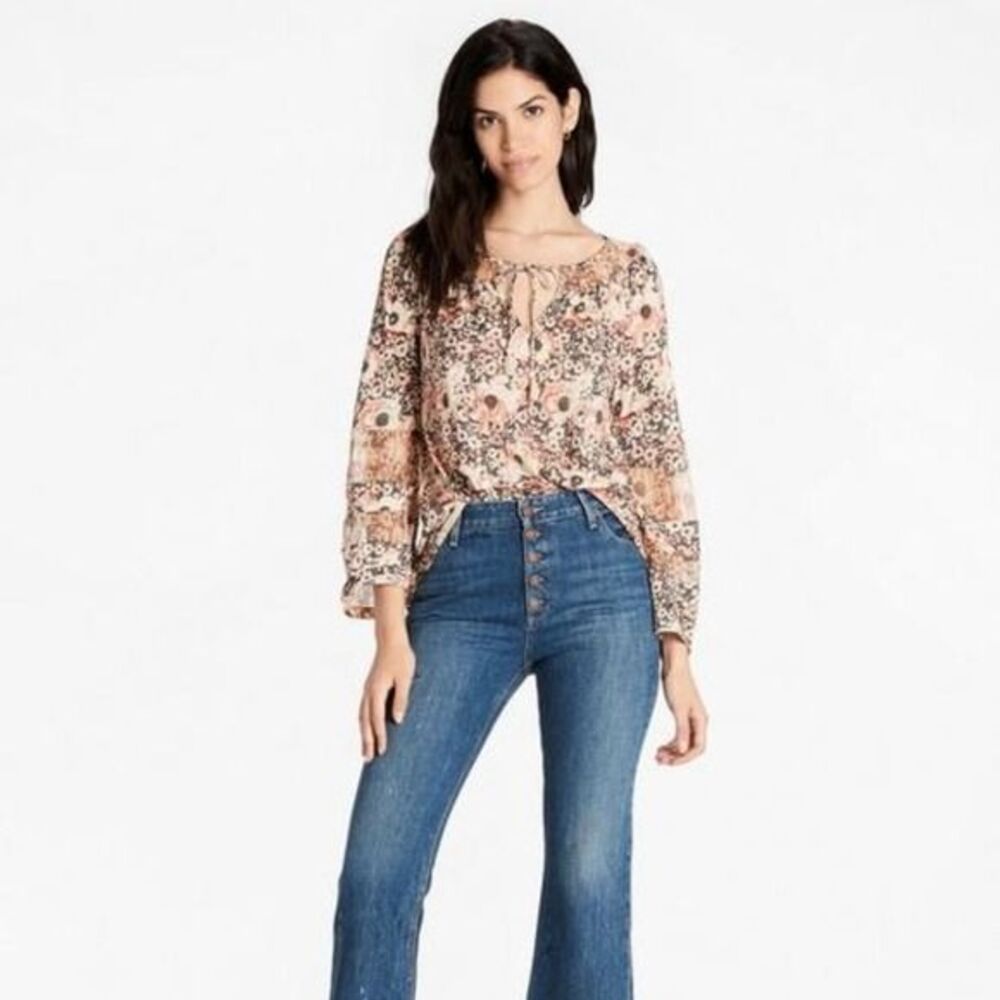 Lucky Brand Floral Woven Mix Peasant Top